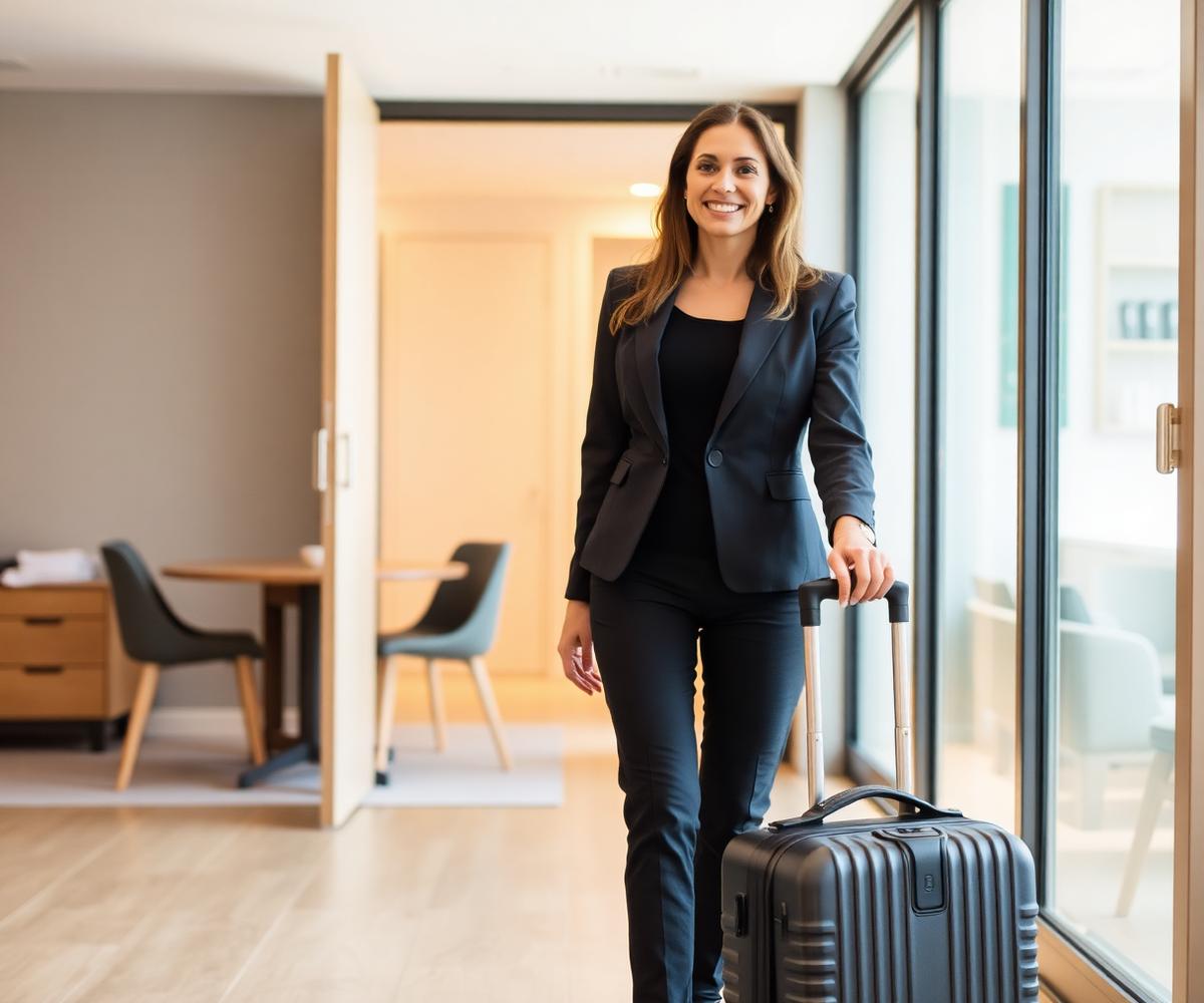 Corporate traveler arriving at a furnished apartment